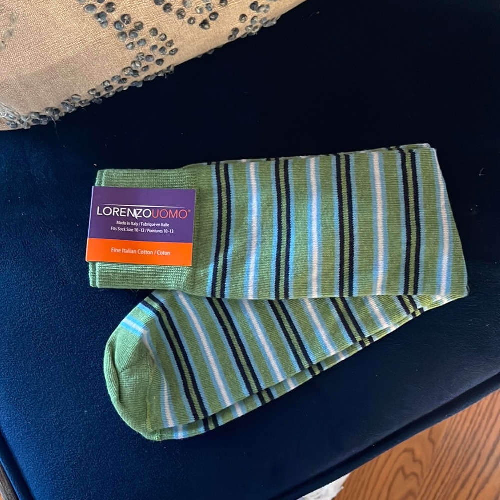 Lorenzo Uomo ~Fine Italian Cotton Socks~Green/Lt Blue/Navy/White~NWT Size 10-13